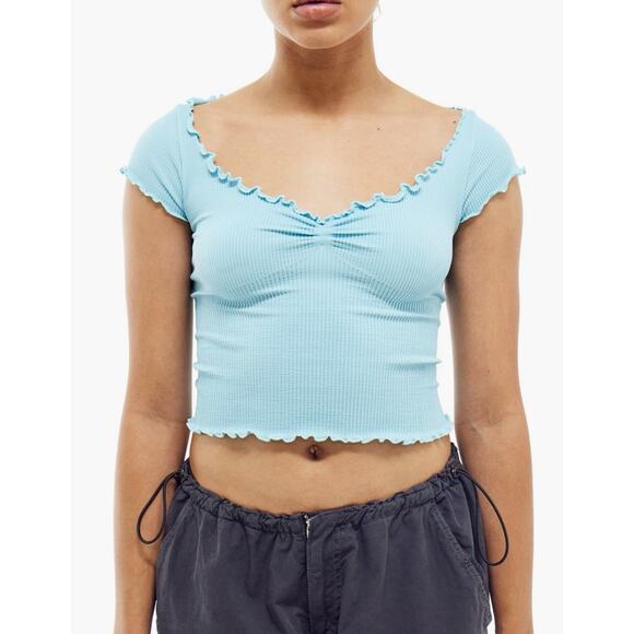 BDG Urban Outfitters Crop Top Baby Tee Rubber Ruffles Cap Sleeve Size L Blue - Picture 1 of 6